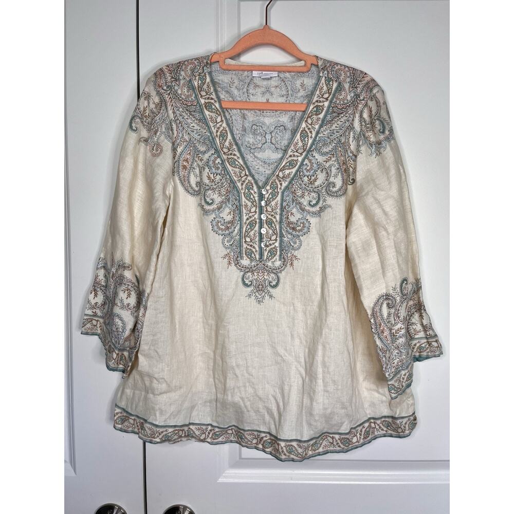 J Jill Linen Ornate Paisley V Neck Popover Blouse Size Medium Cream Barley